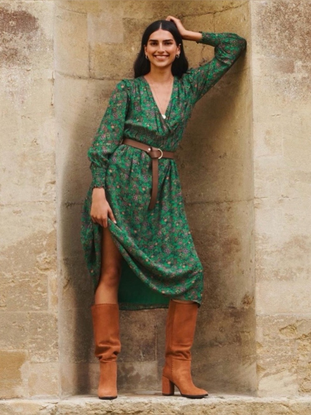 Boden Becky Smocked Sleeve Faux-Wrap Midi Dress in Highland Green Exotic Floral